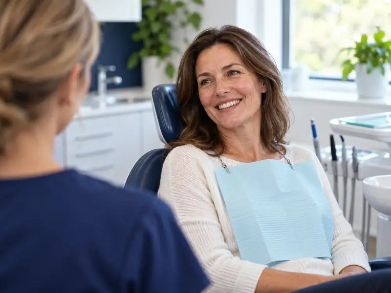 A woman chatting with her dentist in a bright surgery