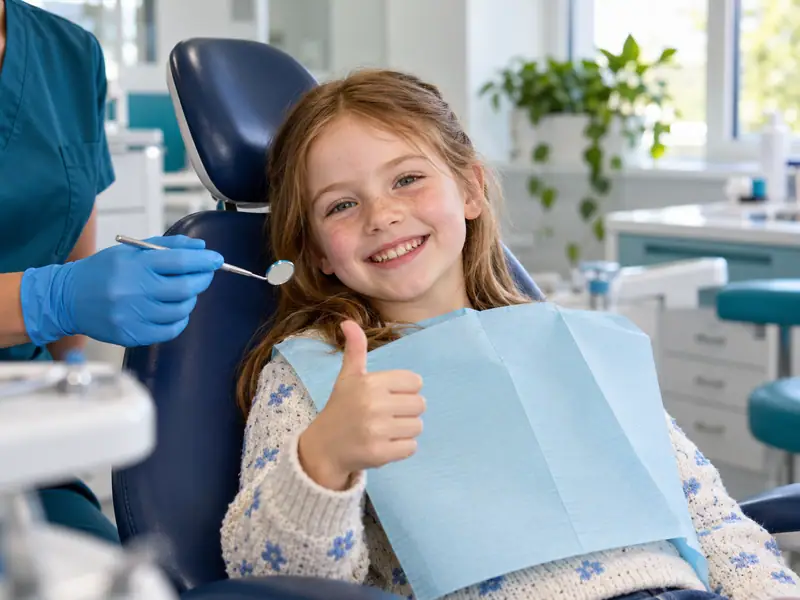 A smiling girl giving a thumbs up in a dental chair