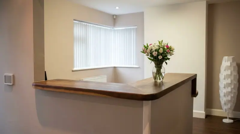 The reception desk with fresh flowers