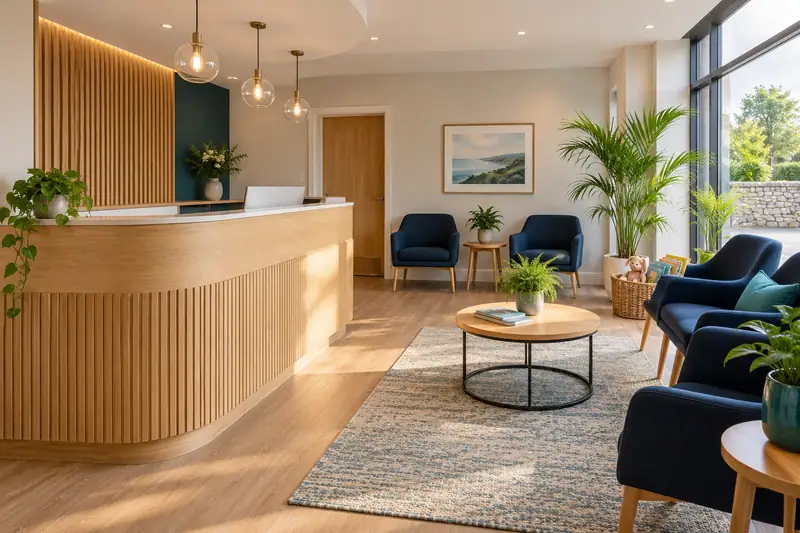 A bright reception and waiting area with navy chairs and plants