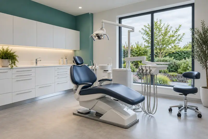 A modern dental treatment room with a large window