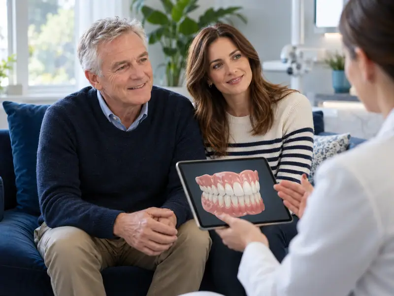A dentist showing a family a model of teeth